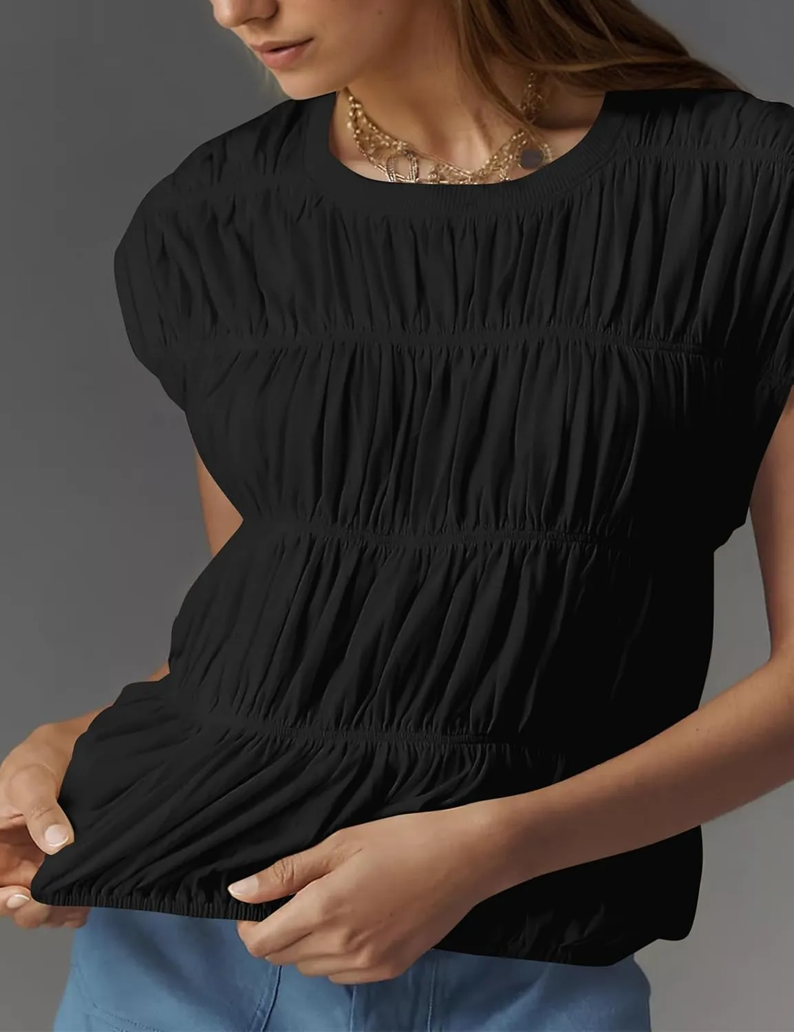 SAFRISIOR Womens Shirred Tank Tops Cap Sleeve Crew Neck Tiered Bubble Top Cute Babydoll Blouse Ruched Smocked Tee Shirts