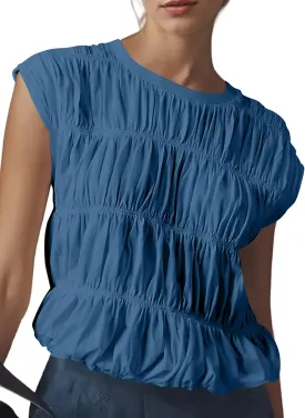 SAFRISIOR Womens Shirred Tank Tops Cap Sleeve Crew Neck Tiered Bubble Top Cute Babydoll Blouse Ruched Smocked Tee Shirts