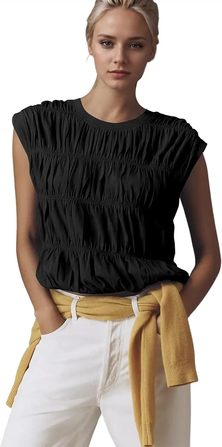SAFRISIOR Womens Shirred Tank Tops Cap Sleeve Crew Neck Tiered Bubble Top Cute Babydoll Blouse Ruched Smocked Tee Shirts