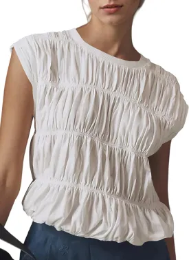 SAFRISIOR Womens Shirred Tank Tops Cap Sleeve Crew Neck Tiered Bubble Top Cute Babydoll Blouse Ruched Smocked Tee Shirts