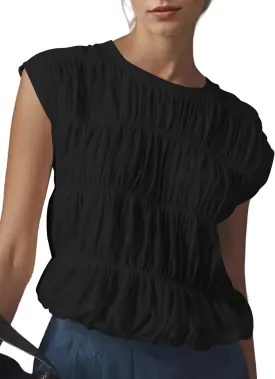 SAFRISIOR Womens Shirred Tank Tops Cap Sleeve Crew Neck Tiered Bubble Top Cute Babydoll Blouse Ruched Smocked Tee Shirts