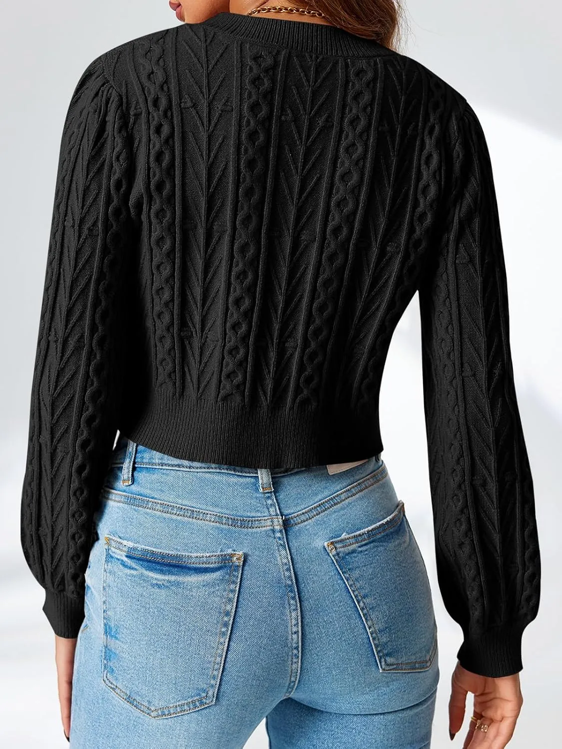 Saodimallsu Womens Cropped Cable Knit Cardigan Sweaters Long Sleeve Bow Tie Front Crew Neck Chunky Sweater Tops