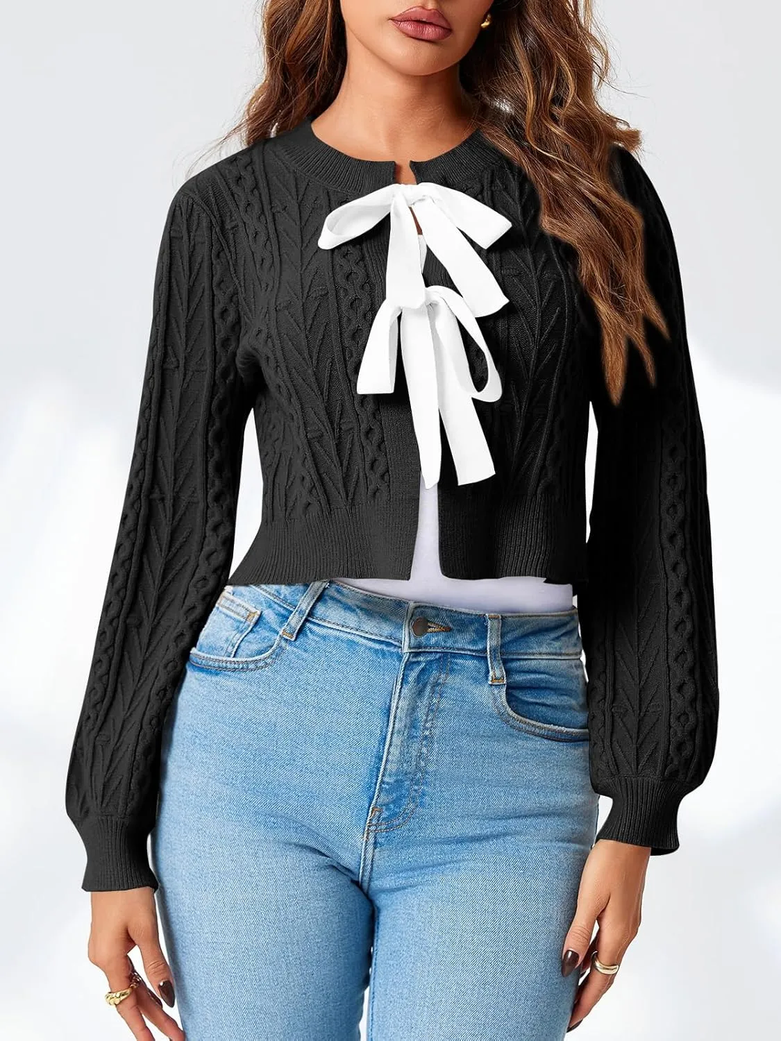 Saodimallsu Womens Cropped Cable Knit Cardigan Sweaters Long Sleeve Bow Tie Front Crew Neck Chunky Sweater Tops