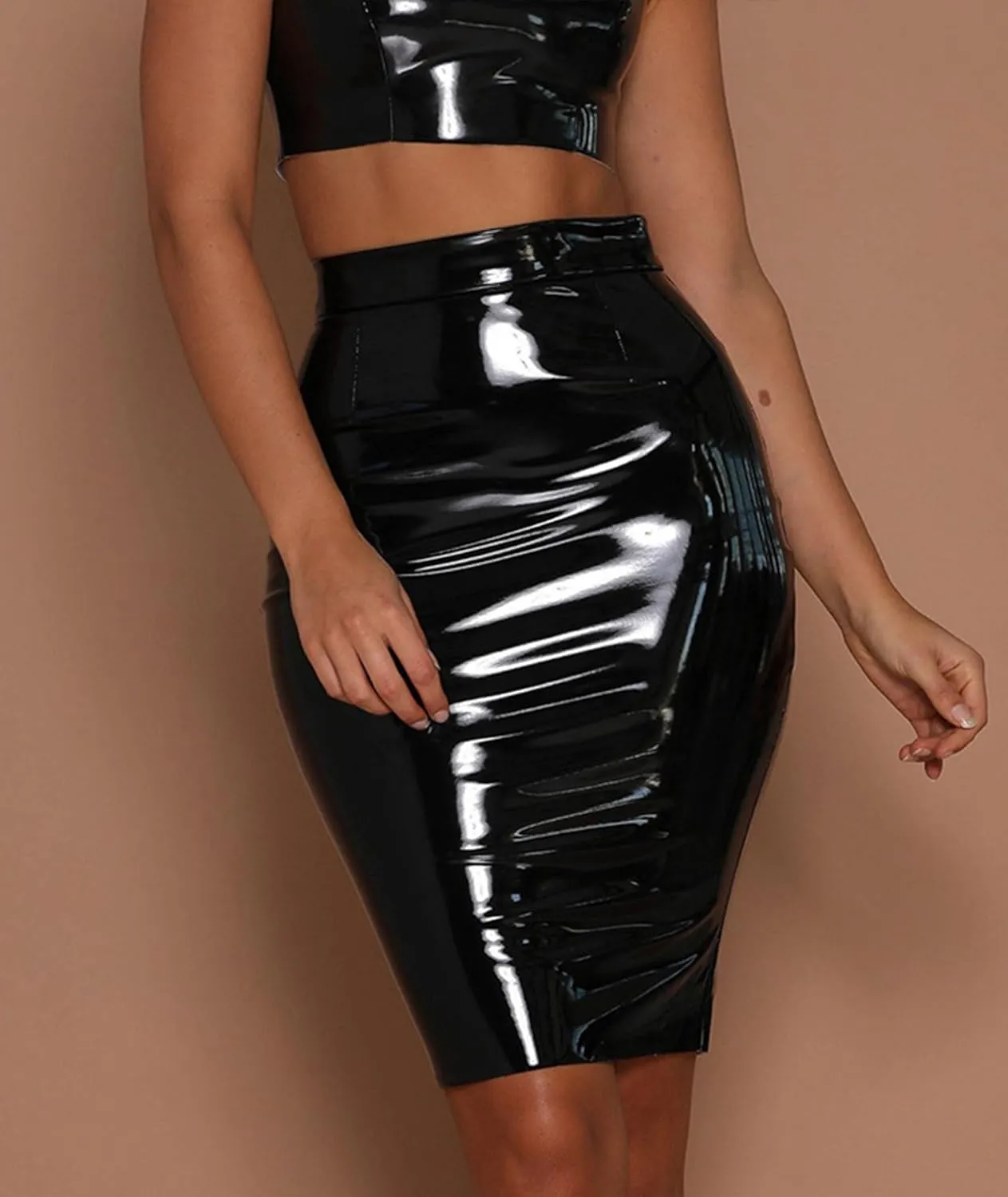 SEMATOMALA Women's Latex Pencil Midi Skirt High Waisted Bodycon PVC Metallic Wet Look Office Lady Knee Length Skirt