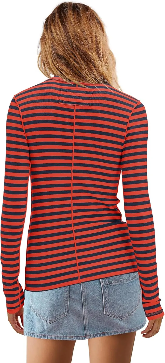 SENSERISE Womens Striped Shirts Long Sleeve Turtleneck Ribbed T Shirt Slim Fitted Lightweight Layer Tops