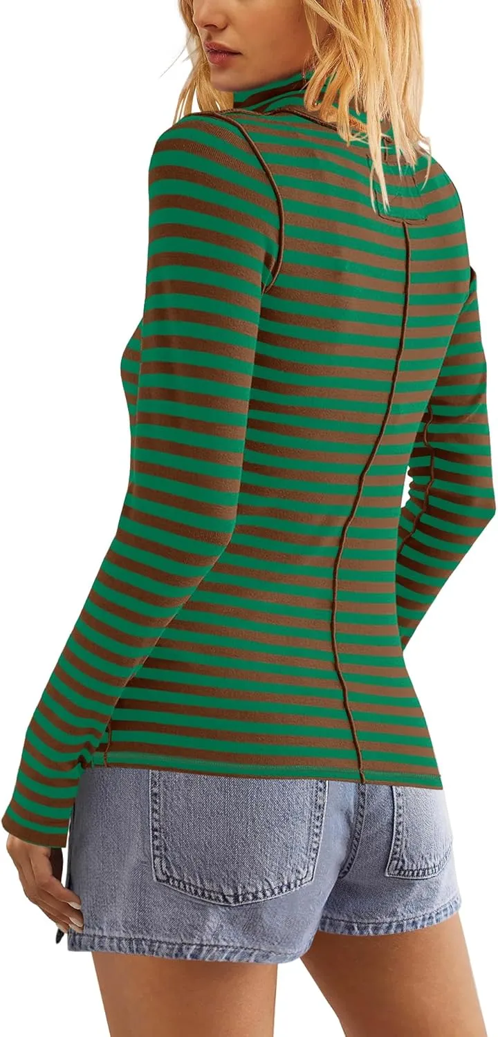 SENSERISE Womens Striped Shirts Long Sleeve Turtleneck Ribbed T Shirt Slim Fitted Lightweight Layer Tops