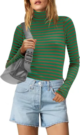 SENSERISE Womens Striped Shirts Long Sleeve Turtleneck Ribbed T Shirt Slim Fitted Lightweight Layer Tops