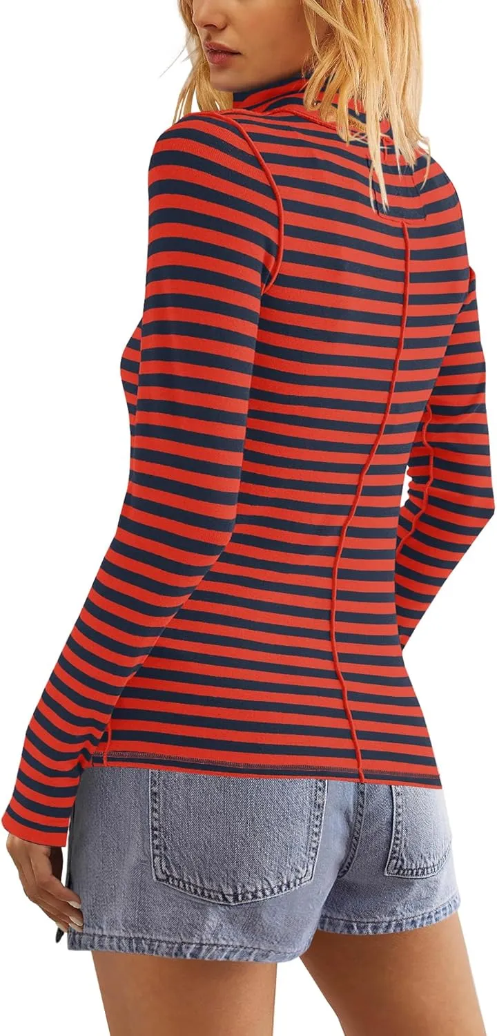 SENSERISE Womens Striped Shirts Long Sleeve Turtleneck Ribbed T Shirt Slim Fitted Lightweight Layer Tops