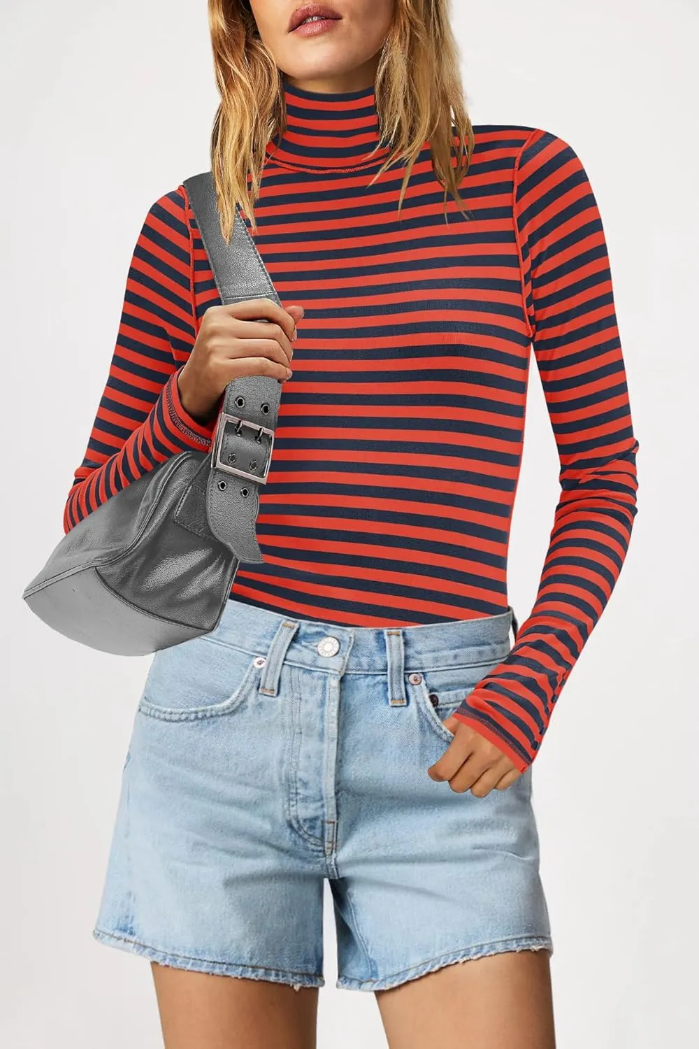 SENSERISE Womens Striped Shirts Long Sleeve Turtleneck Ribbed T Shirt Slim Fitted Lightweight Layer Tops