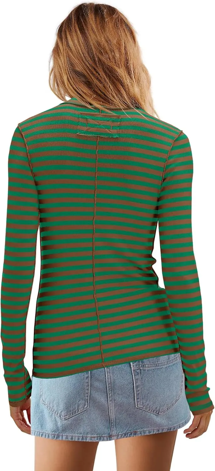 SENSERISE Womens Striped Shirts Long Sleeve Turtleneck Ribbed T Shirt Slim Fitted Lightweight Layer Tops