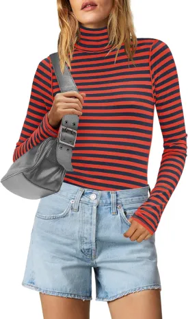 SENSERISE Womens Striped Shirts Long Sleeve Turtleneck Ribbed T Shirt Slim Fitted Lightweight Layer Tops