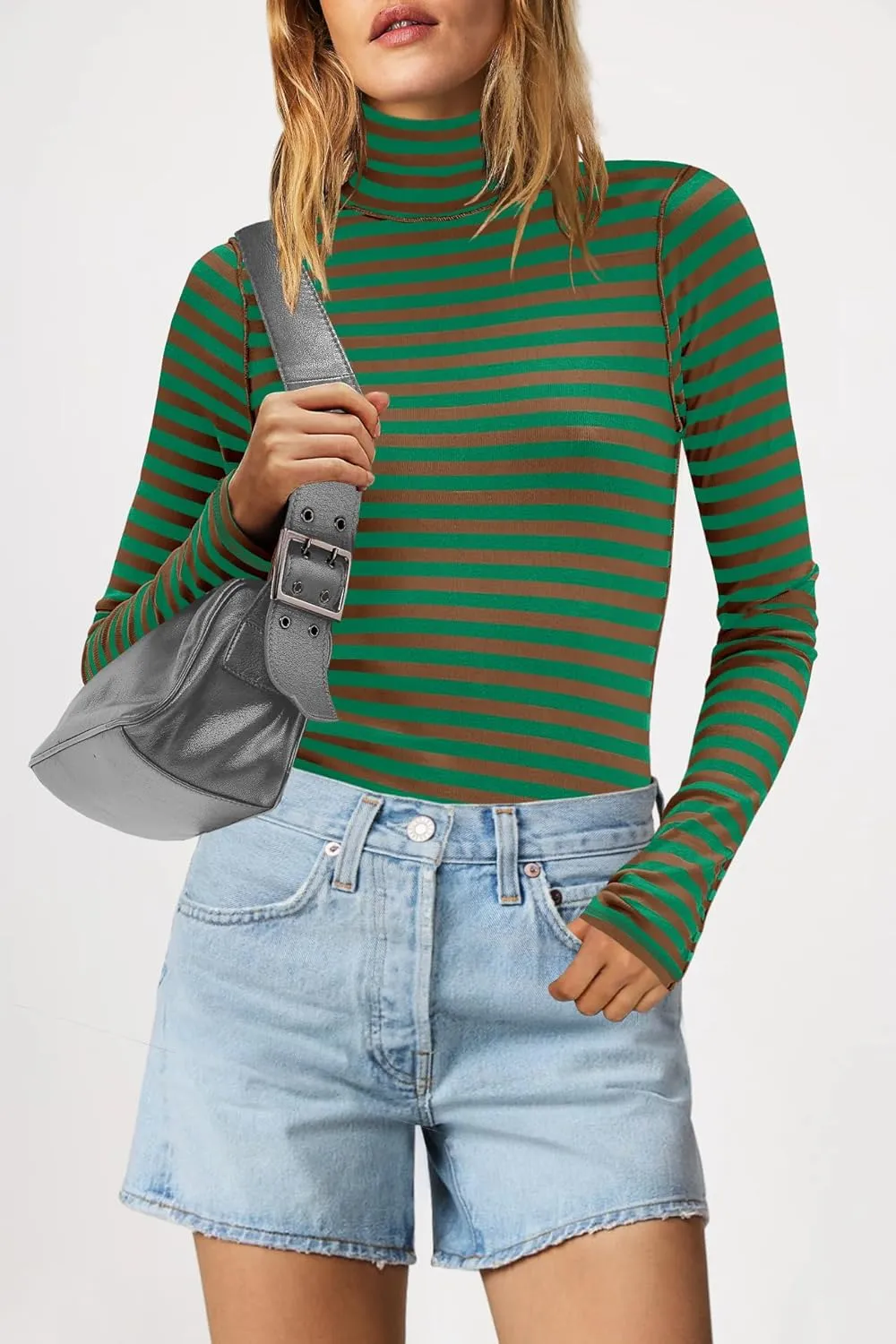 SENSERISE Womens Striped Shirts Long Sleeve Turtleneck Ribbed T Shirt Slim Fitted Lightweight Layer Tops