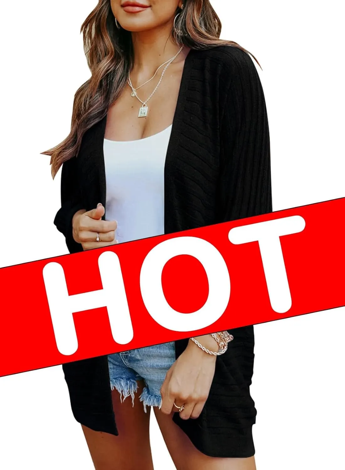 SHEWIN Women's Casual 3/4 Short Sleeve Open Front Lightweight Cable Knit Kimono Cardigan Sweaters