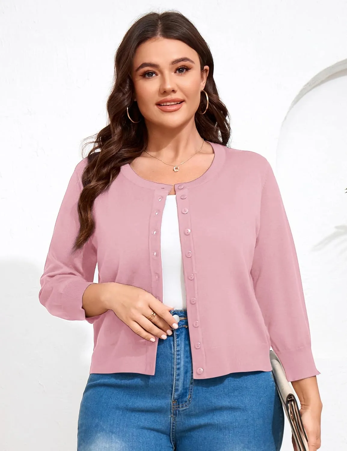 ShopWonder Women Plus Size Cardigan 3/4 Sleeve Crew Neck Bolero Button Down Sweaters Open Front Knit Bolero Shrugs