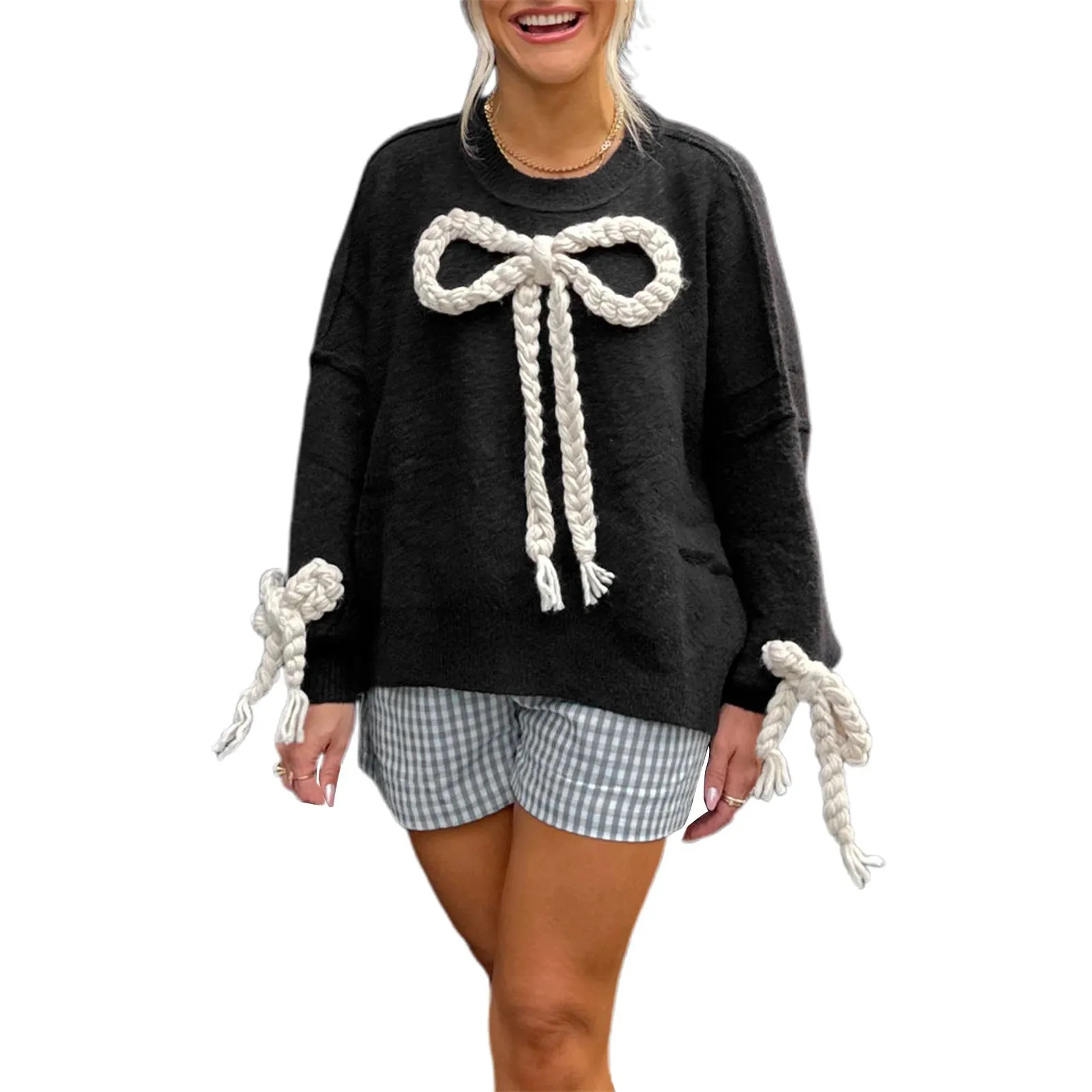 Toleet-Womens 3D Bow Knitted Sweater Autumn Loose Crew Neck Long Sleeve Pullover Tops Casual Streetwear Sweet Cute Jumpers Knitwear