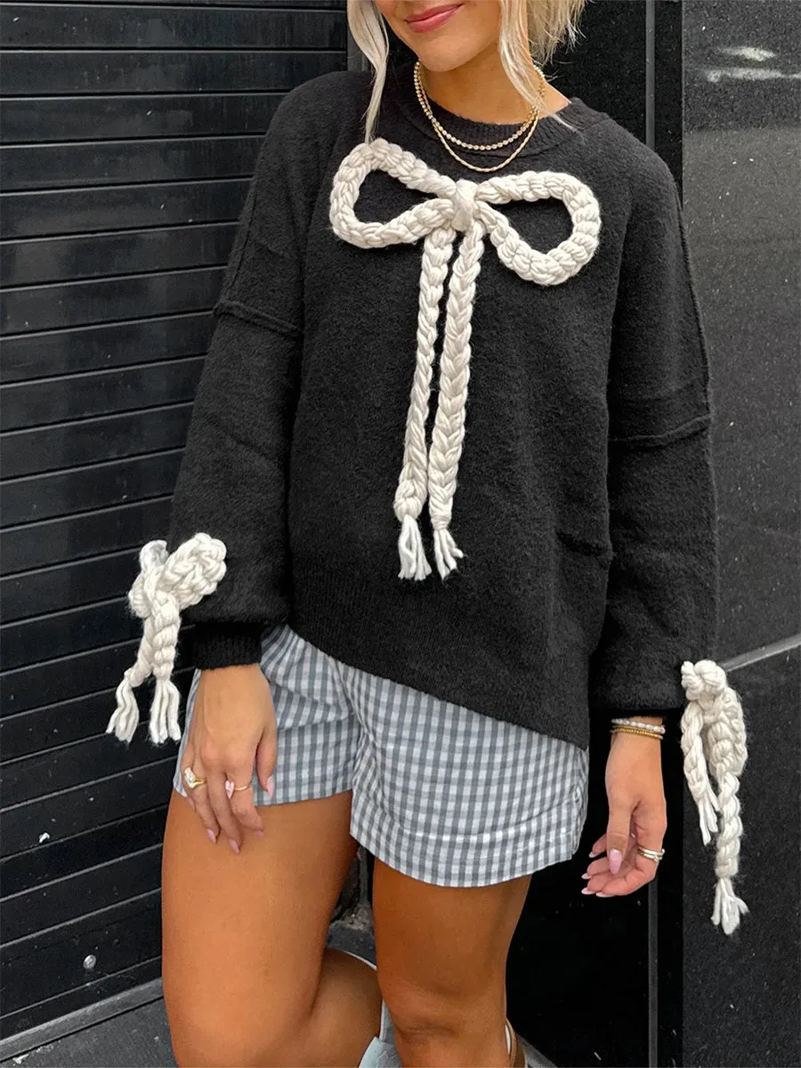 Toleet-Womens 3D Bow Knitted Sweater Autumn Loose Crew Neck Long Sleeve Pullover Tops Casual Streetwear Sweet Cute Jumpers Knitwear