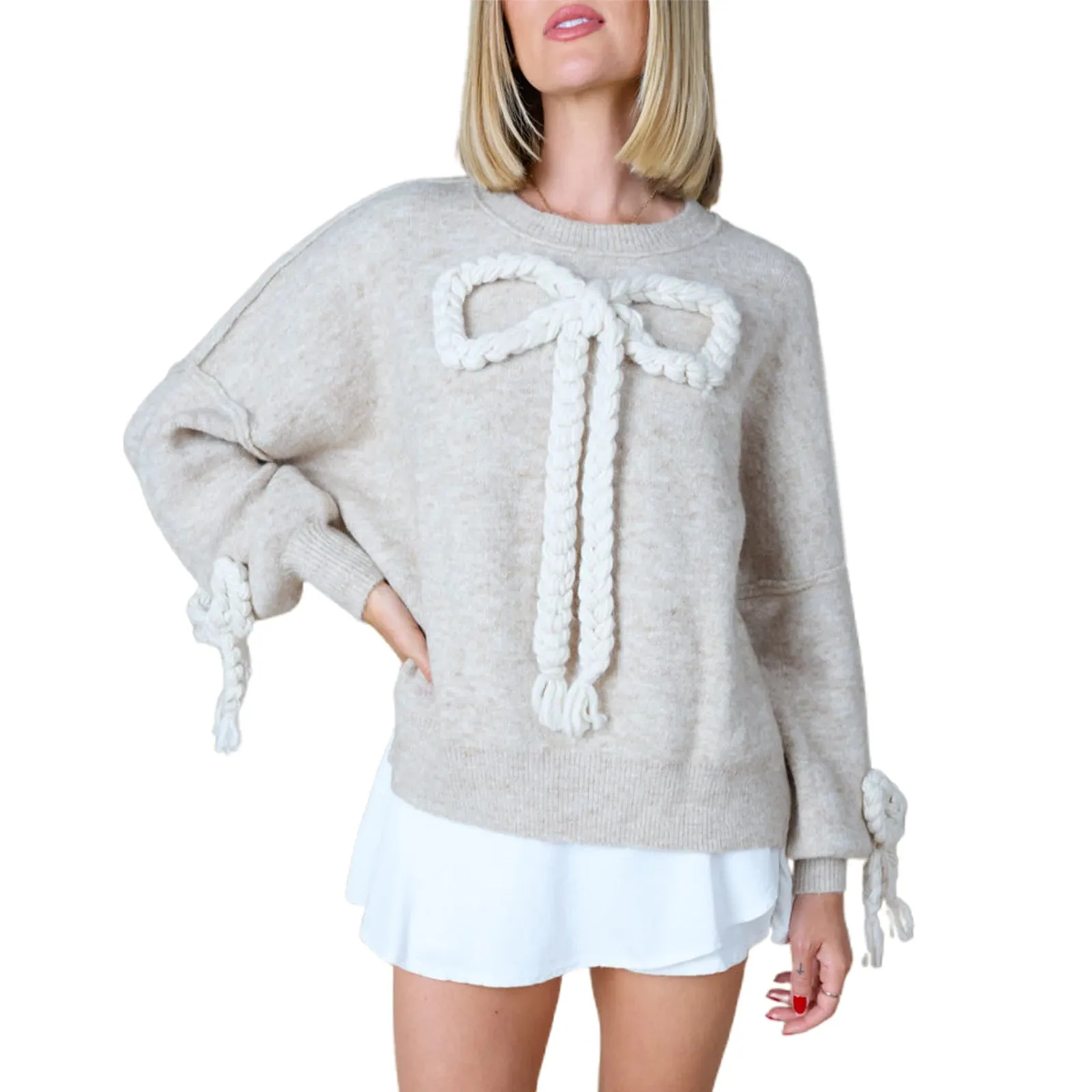 Toleet-Womens 3D Bow Knitted Sweater Autumn Loose Crew Neck Long Sleeve Pullover Tops Casual Streetwear Sweet Cute Jumpers Knitwear