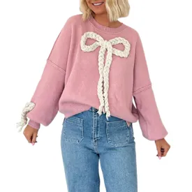 Toleet-Womens 3D Bow Knitted Sweater Autumn Loose Crew Neck Long Sleeve Pullover Tops Casual Streetwear Sweet Cute Jumpers Knitwear