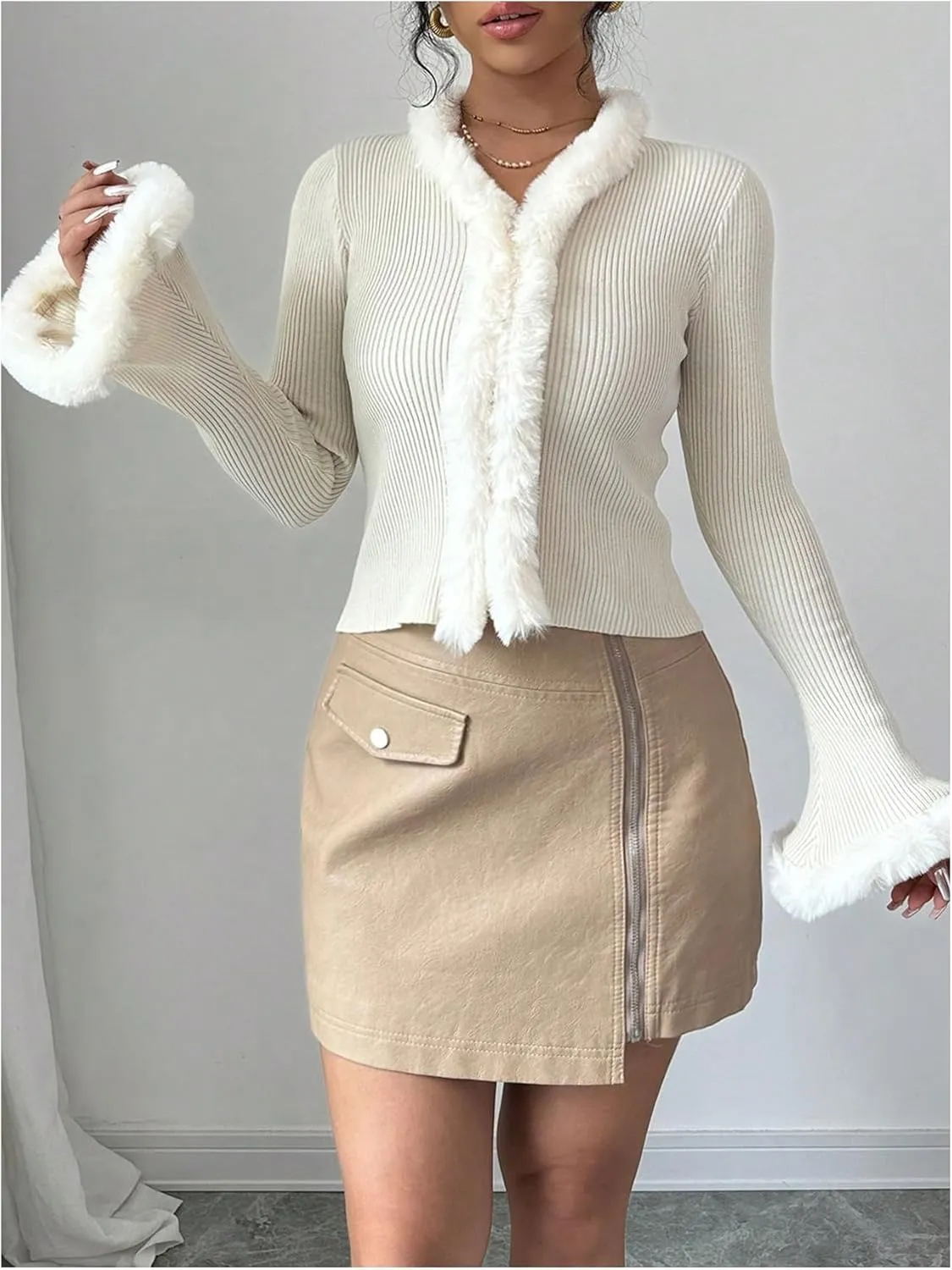 Verdusa Women's Fuzzy Fleece Collar Cardigan Sweaters Long Flare Sleeve Fitted Knit Tops