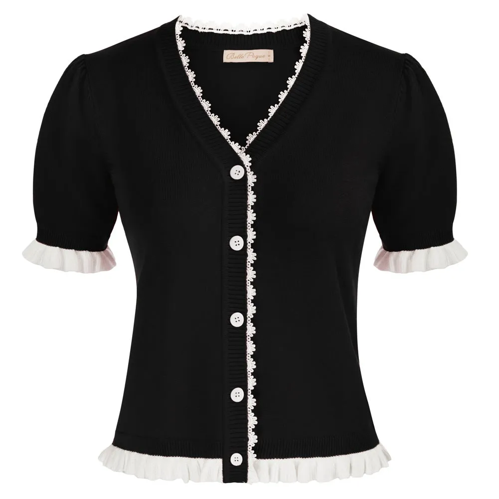 Vintage Contrast Color Cardigan Sweater Short Sleeve V-Neck Knitwear