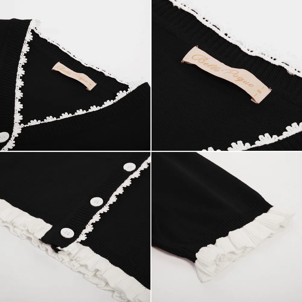 Vintage Contrast Color Cardigan Sweater Short Sleeve V-Neck Knitwear