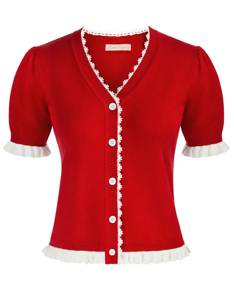 Vintage Contrast Color Cardigan Sweater Short Sleeve V-Neck Knitwear