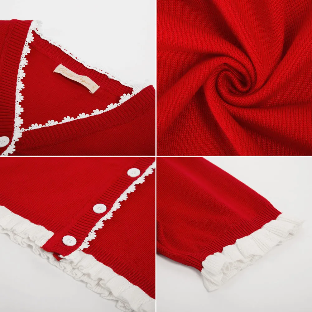 Vintage Contrast Color Cardigan Sweater Short Sleeve V-Neck Knitwear