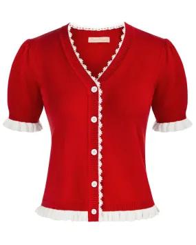 Vintage Contrast Color Cardigan Sweater Short Sleeve V-Neck Knitwear