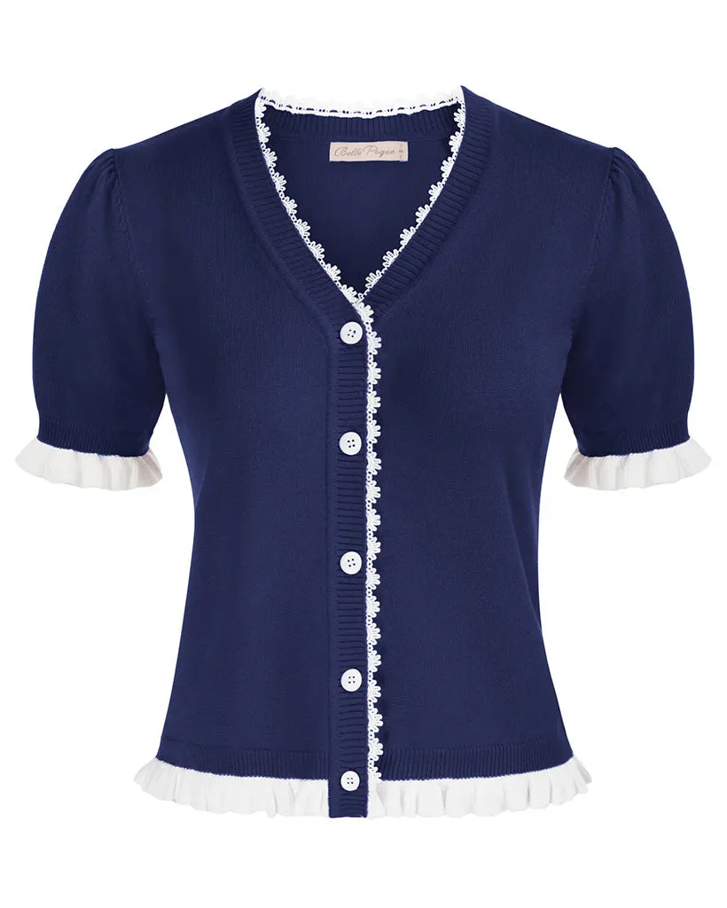 Vintage Contrast Color Cardigan Sweater Short Sleeve V-Neck Knitwear