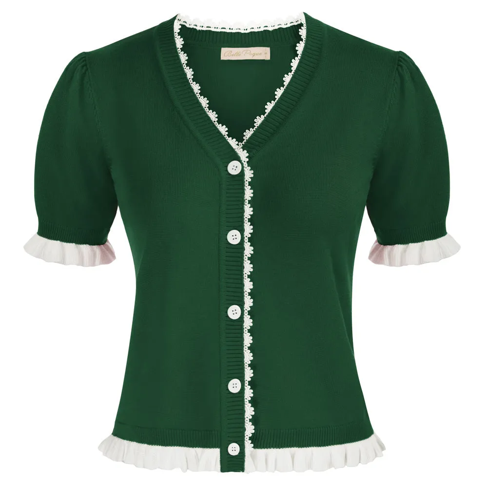 Vintage Contrast Color Cardigan Sweater Short Sleeve V-Neck Knitwear