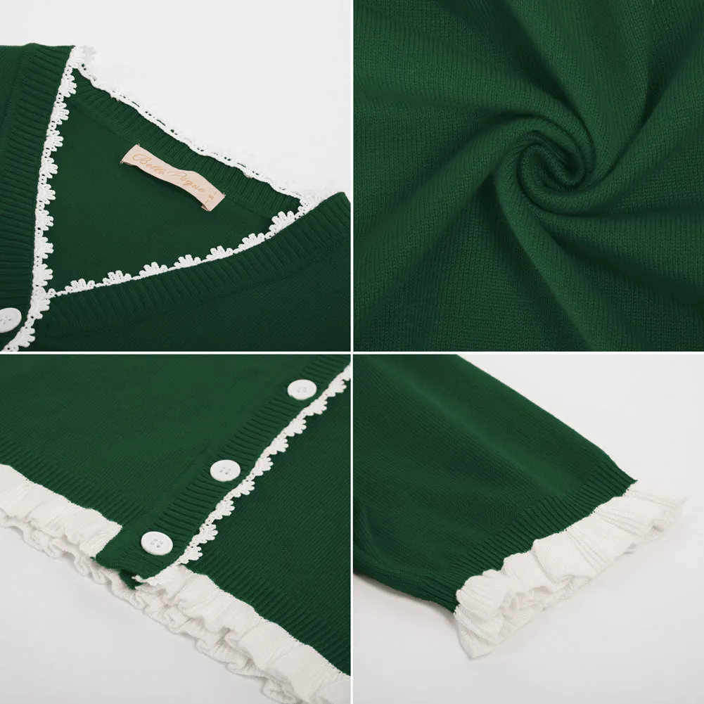 Vintage Contrast Color Cardigan Sweater Short Sleeve V-Neck Knitwear