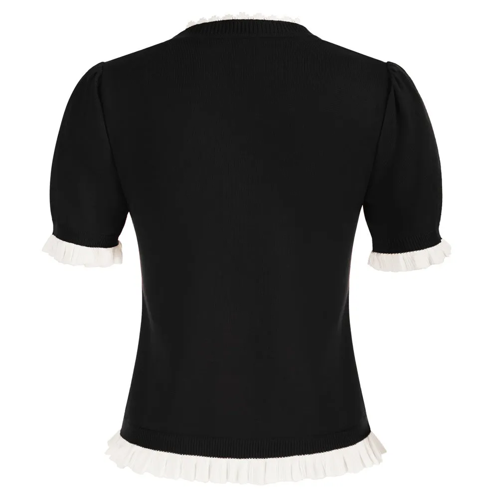 Vintage Contrast Color Cardigan Sweater Short Sleeve V-Neck Knitwear