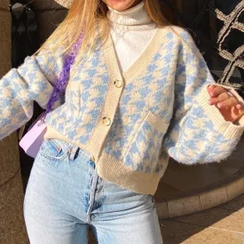 Wenkouban Ladies Autumn Winter Sweater Women Houndstooth Cardigan Casual Warm Jumper Knitted Loose Women Sweaters Female Pull Knitwear