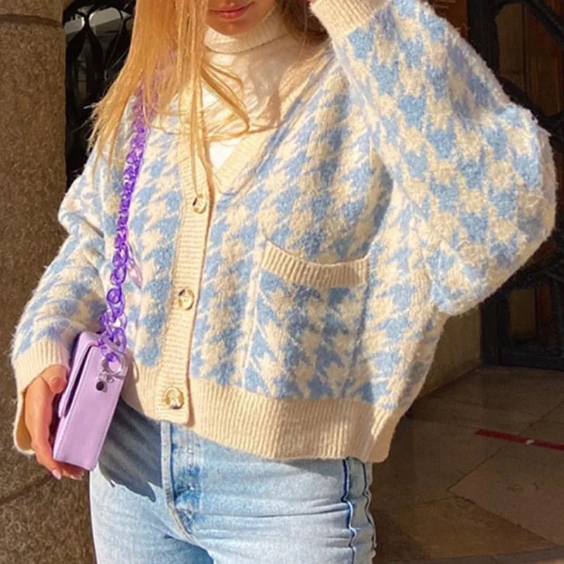 Wenkouban Ladies Autumn Winter Sweater Women Houndstooth Cardigan Casual Warm Jumper Knitted Loose Women Sweaters Female Pull Knitwear