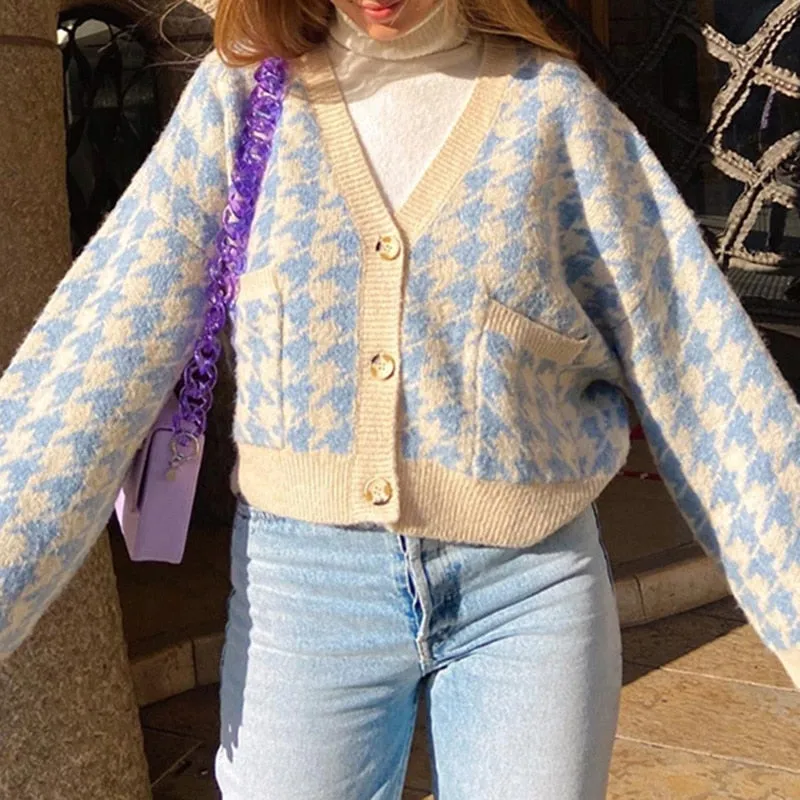 Wenkouban Ladies Autumn Winter Sweater Women Houndstooth Cardigan Casual Warm Jumper Knitted Loose Women Sweaters Female Pull Knitwear