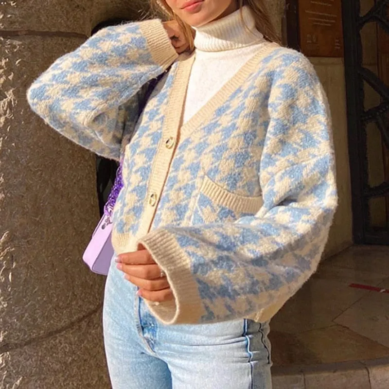 Wenkouban Ladies Autumn Winter Sweater Women Houndstooth Cardigan Casual Warm Jumper Knitted Loose Women Sweaters Female Pull Knitwear