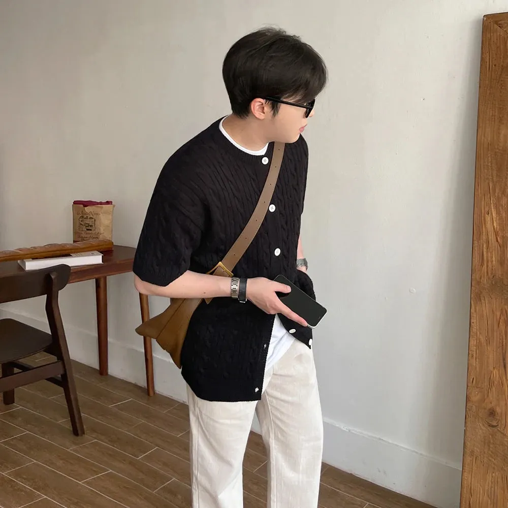 Wiaofellas  -  Men's Clothing Short Sleeve Cardigan Sweaters Round Collar Solid Color Single Breasted Male Knitting T-shirt Spring