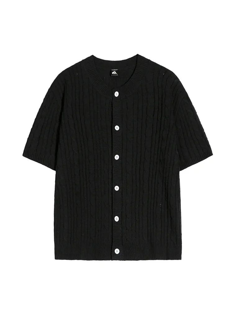 Wiaofellas  -  Men's Clothing Short Sleeve Cardigan Sweaters Round Collar Solid Color Single Breasted Male Knitting T-shirt Spring