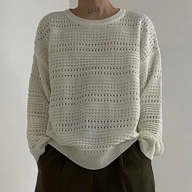 Wiaofellas  -  Vintage Solid Color Mens Sweaters Knitted Ribbed Crew Neck Long Sleeve Jumper Tops Men Knitwear Fashion Loose Knitting Pullover