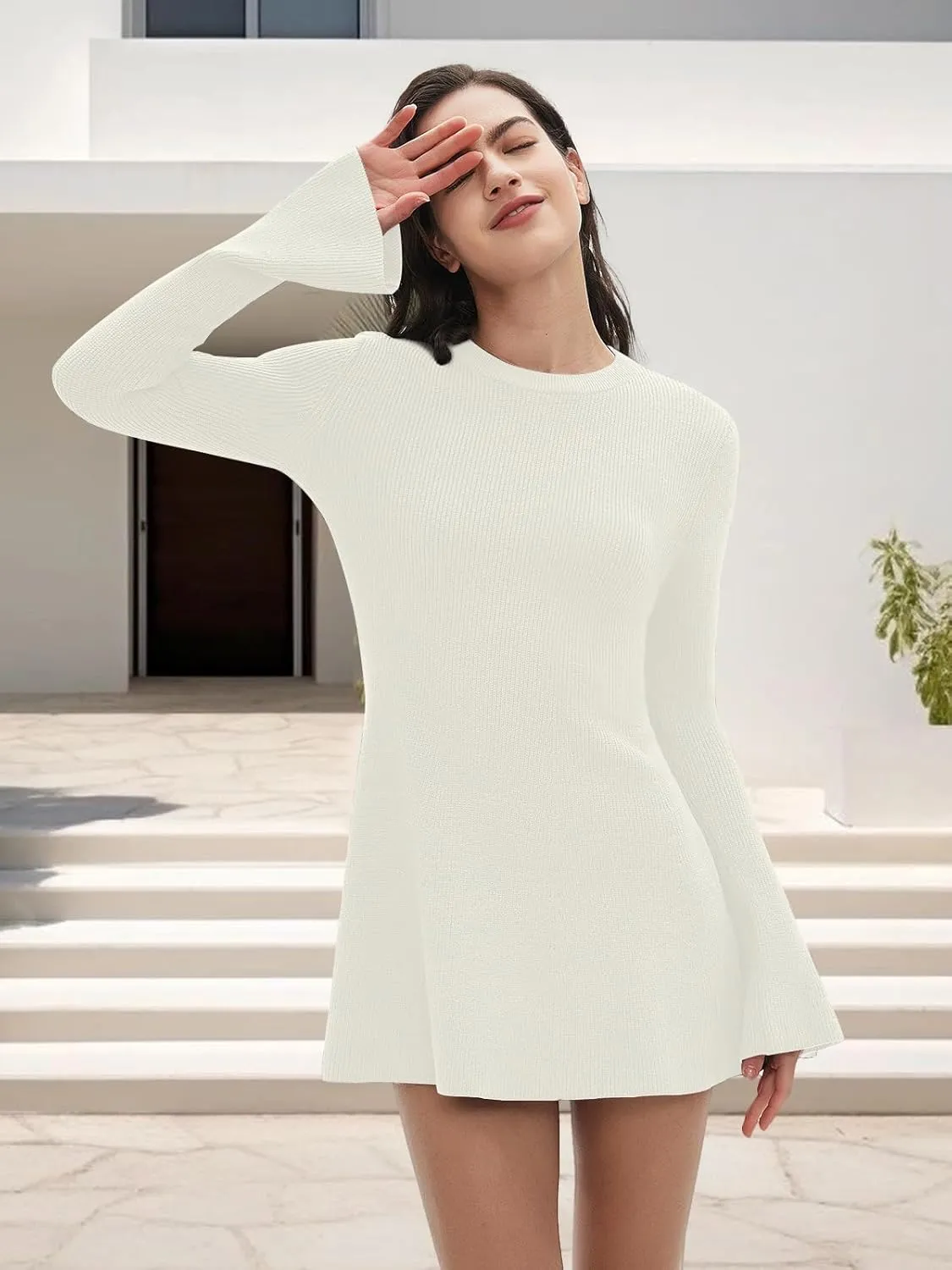 Women Spring Fall Winter Casual Sweater Dress Crew Neck Mini A-Line Knit Flare Sleeve Pullover Sweaters Dresses