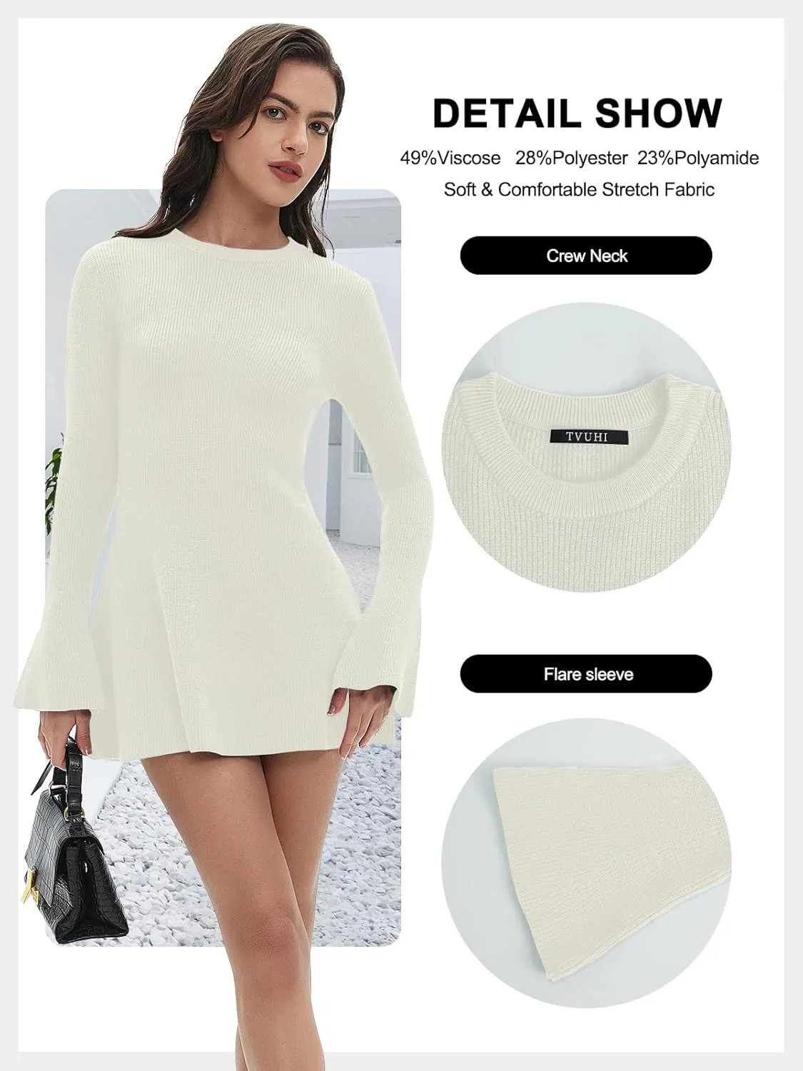 Women Spring Fall Winter Casual Sweater Dress Crew Neck Mini A-Line Knit Flare Sleeve Pullover Sweaters Dresses
