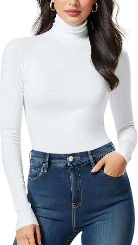 Women Turtleneck Long Sleeve Ribbed Fitted Thermal Base Layer Top