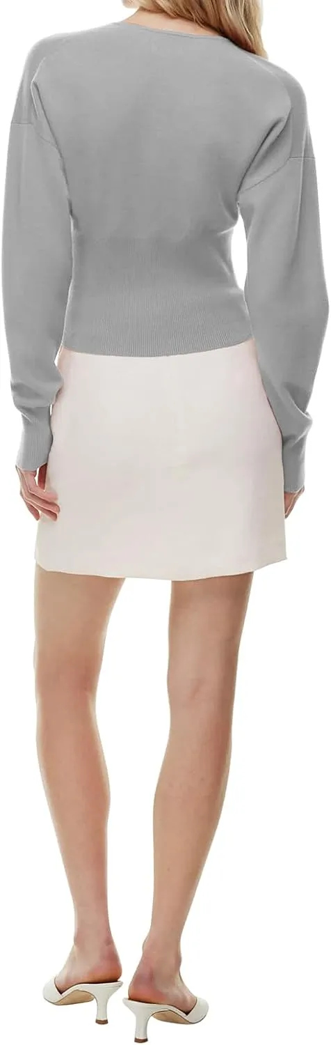 Womens Cropped Sweaters Fall Button Down V Neck Long Sleeve Pullover Solid Casual Ribbed Knit Slim Fit Cardigan