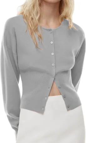 Womens Cropped Sweaters Fall Button Down V Neck Long Sleeve Pullover Solid Casual Ribbed Knit Slim Fit Cardigan