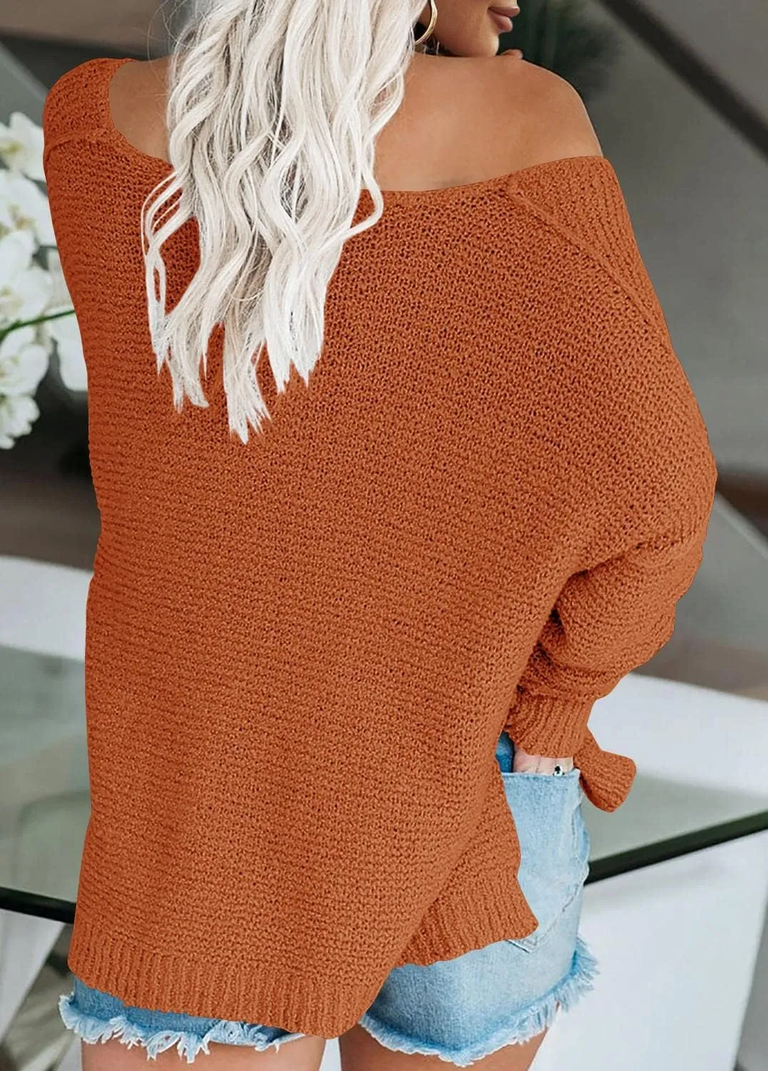Womens Off Shoulder Knit Sweaters Oversized V Neck Long Sleeve Loose Lightweight Pullover Tops