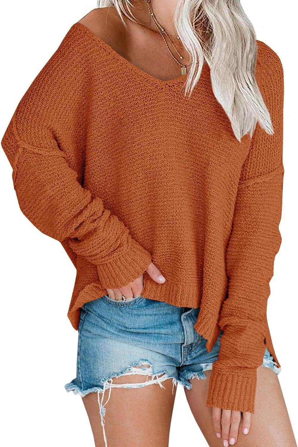 Womens Off Shoulder Knit Sweaters Oversized V Neck Long Sleeve Loose Lightweight Pullover Tops