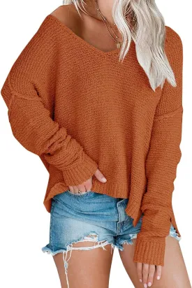 Womens Off Shoulder Knit Sweaters Oversized V Neck Long Sleeve Loose Lightweight Pullover Tops