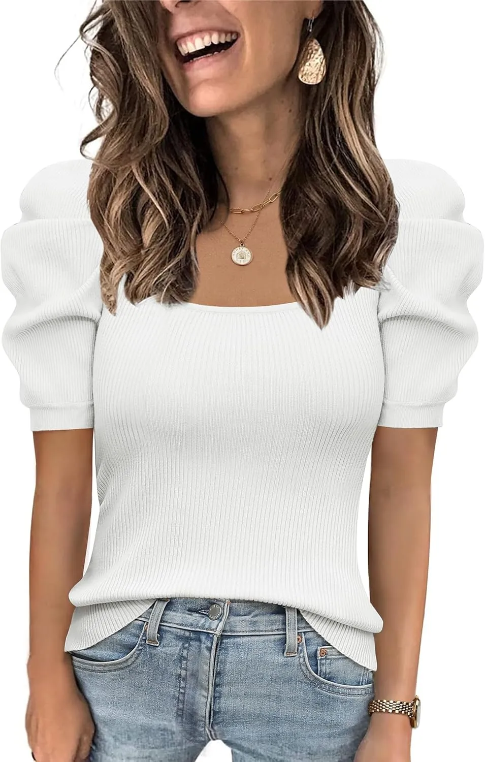 Womens Puff Short Sleeve Sweaters Square Neck Pullover Tops 2025 Summer Knit Dressy Blouse