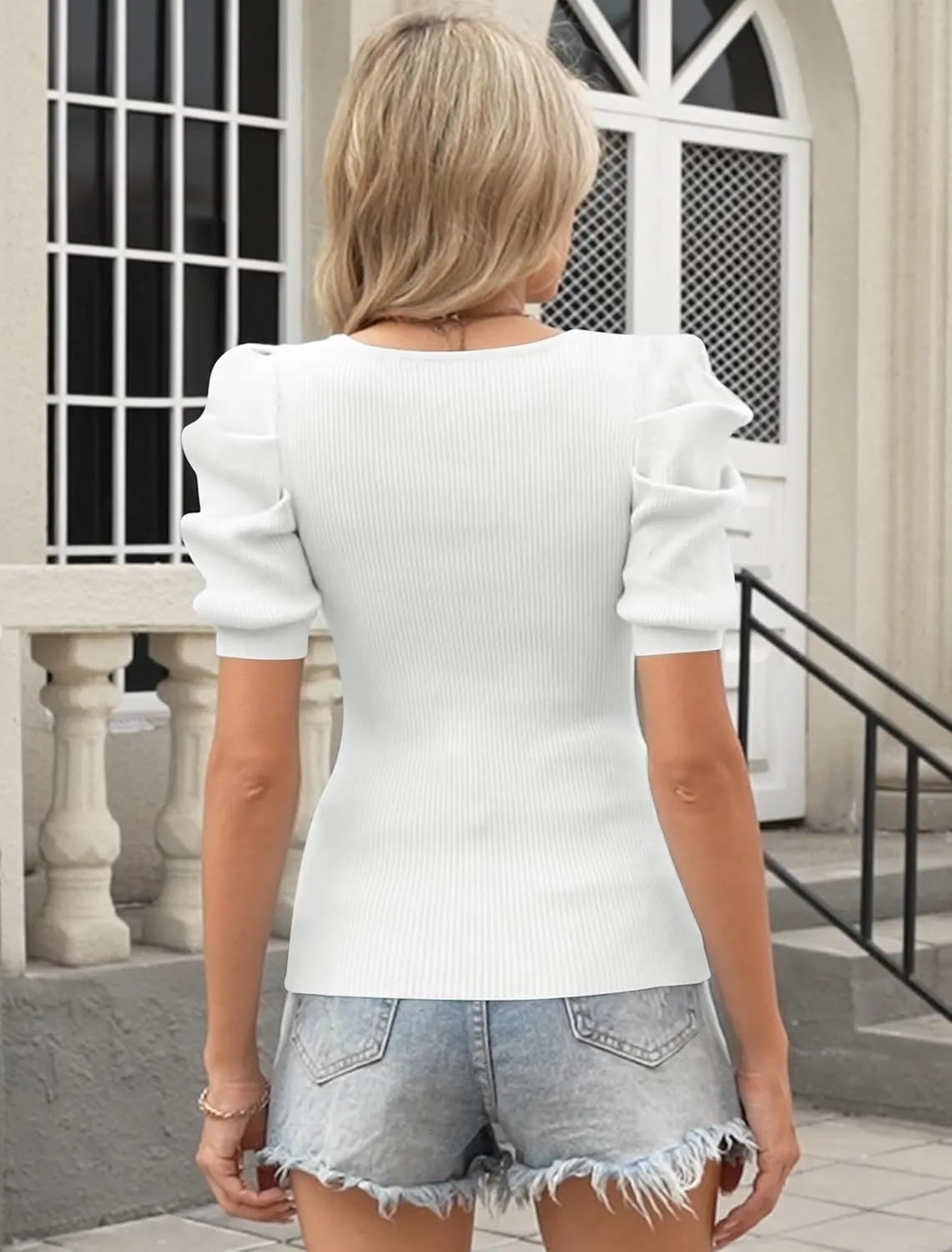 Womens Puff Short Sleeve Sweaters Square Neck Pullover Tops 2025 Summer Knit Dressy Blouse