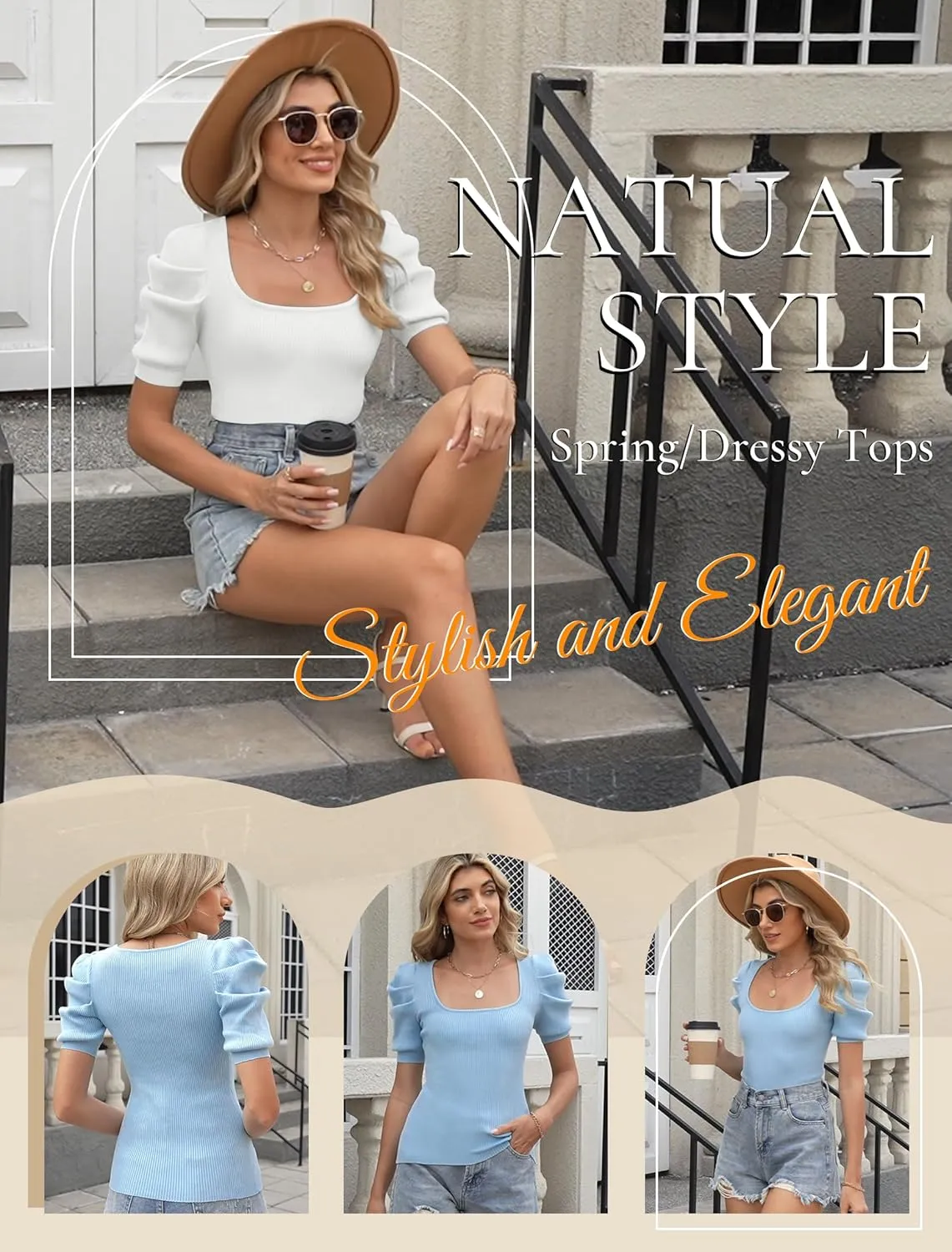 Womens Puff Short Sleeve Sweaters Square Neck Pullover Tops 2025 Summer Knit Dressy Blouse